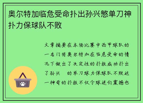奥尔特加临危受命扑出孙兴慜单刀神扑力保球队不败 奥尔特加临危受命扑出孙兴慜单刀神扑力保球队不败